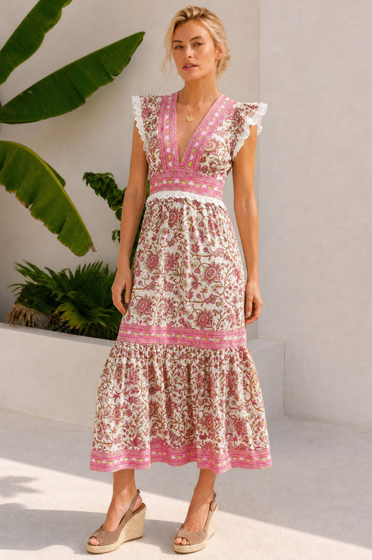 Pippa Organic Cotton Block Print Dress | White/Pink