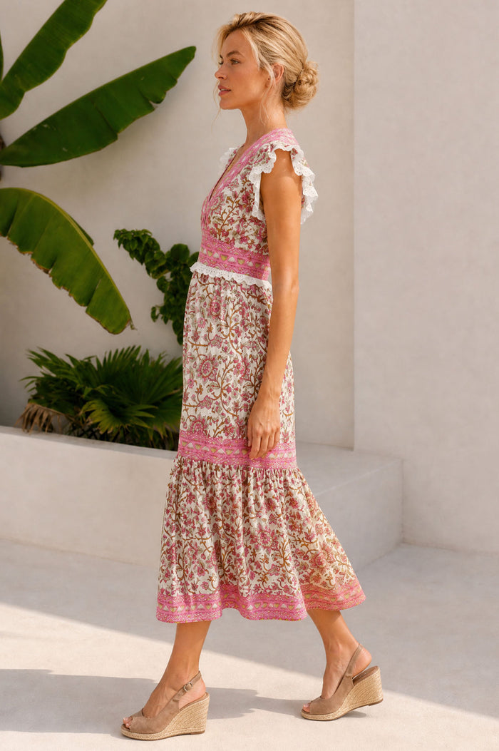 Pippa Organic Cotton Block Print Dress | White/Pink