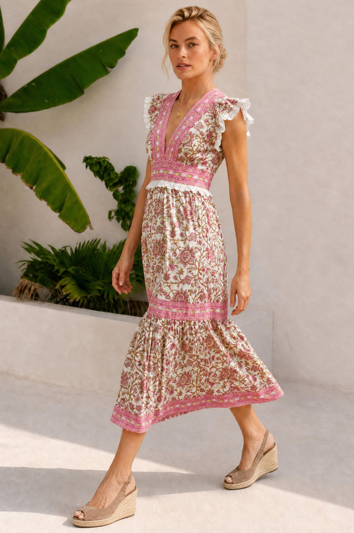 Pippa Organic Cotton Block Print Dress | White/Pink