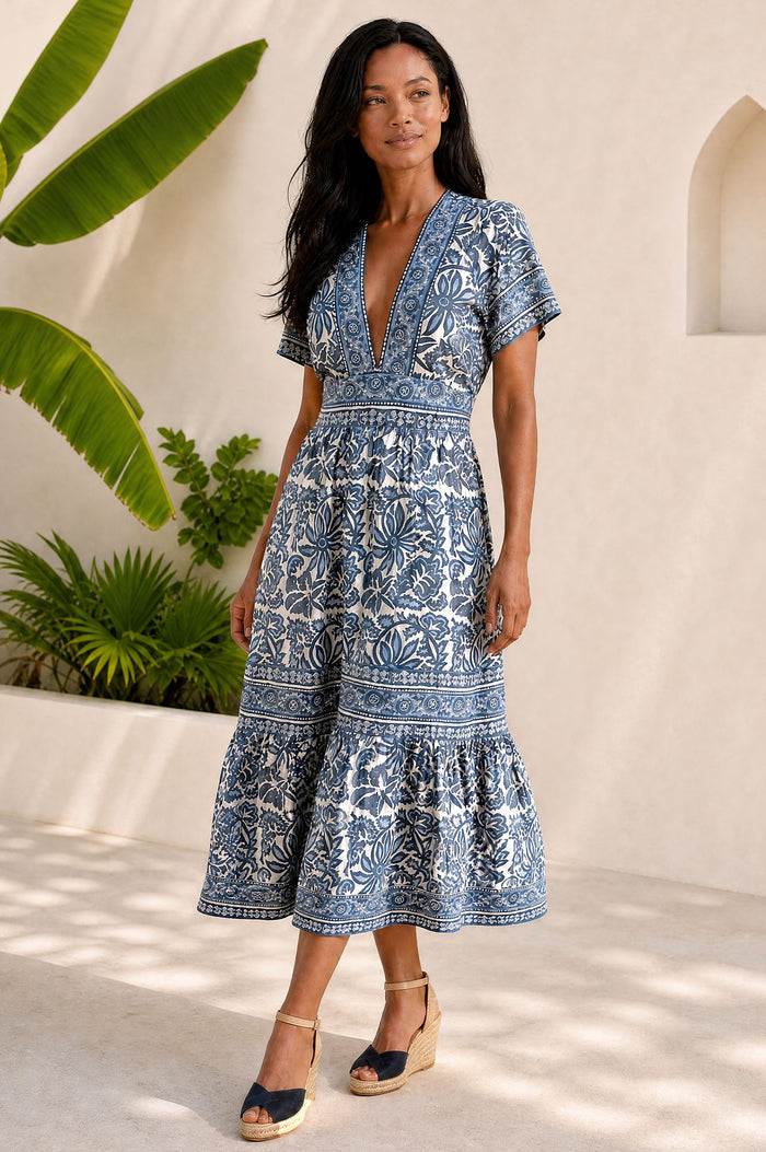 Pippa Organic Cotton Short Sleeve Block Print Dress | Blue/White
