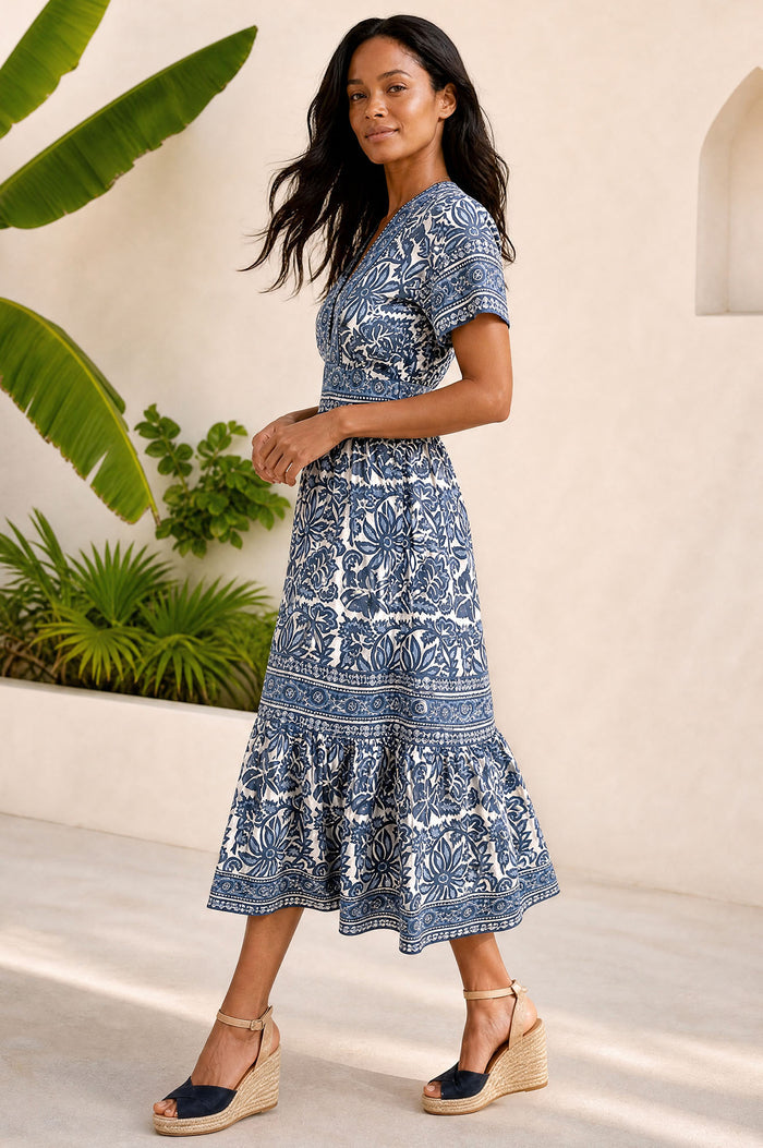 Pippa Organic Cotton Short Sleeve Block Print Dress | Blue/White