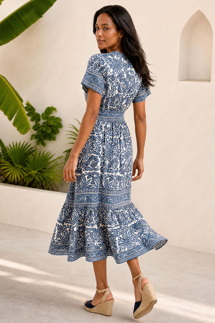 Pippa Organic Cotton Short Sleeve Block Print Dress | Blue/White
