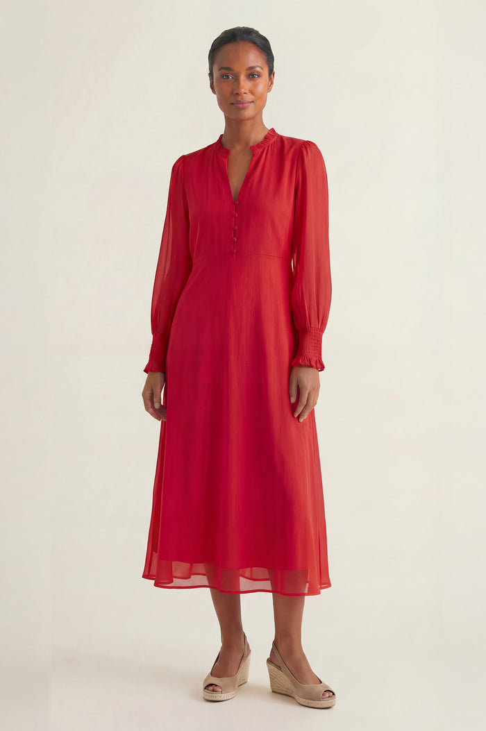 Plain V Neck Chiffon Dress | Red