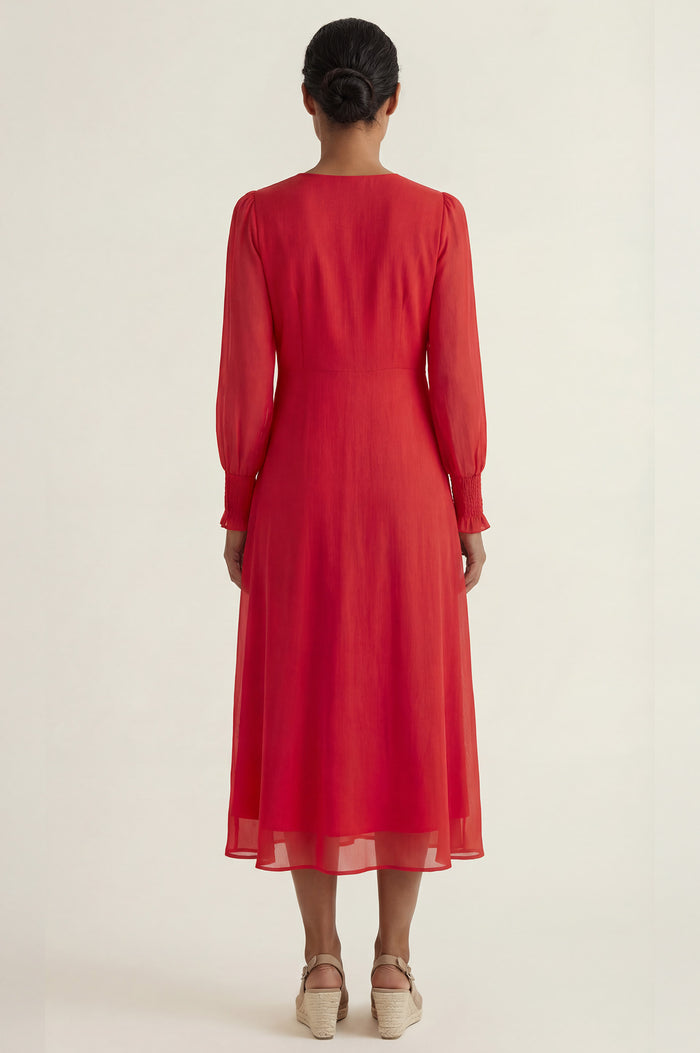 Plain V Neck Chiffon Dress | Red