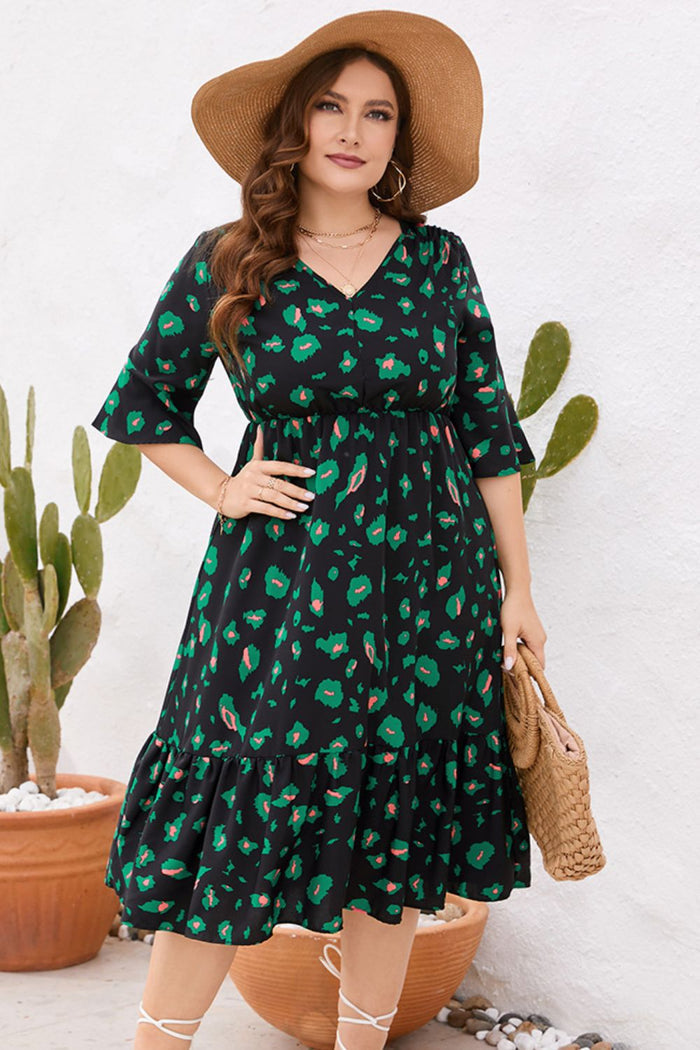 Plus Size Printed Flare Sleeve V-Neck Dress - Madikfashions.com