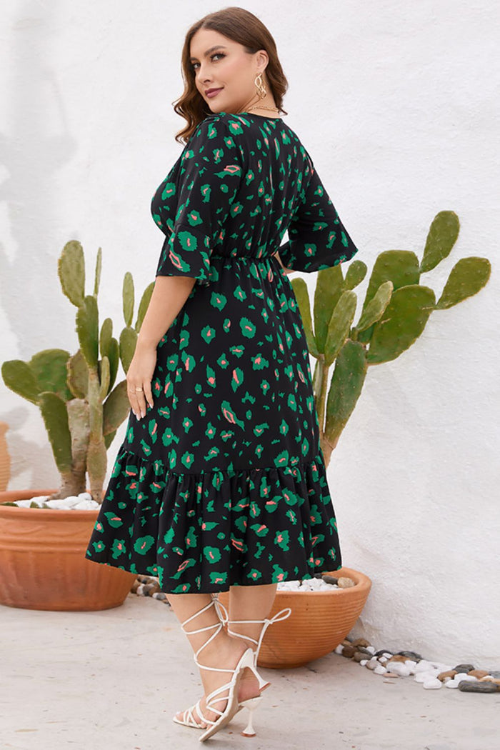 Plus Size Printed Flare Sleeve V-Neck Dress - Madikfashions.com