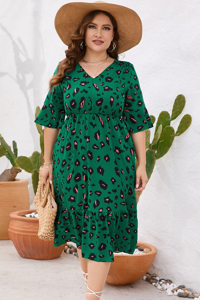 Plus Size Printed Flare Sleeve V-Neck Dress - Madikfashions.com