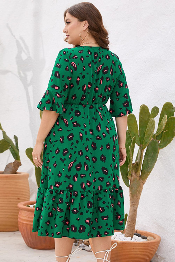 Plus Size Printed Flare Sleeve V-Neck Dress - Madikfashions.com
