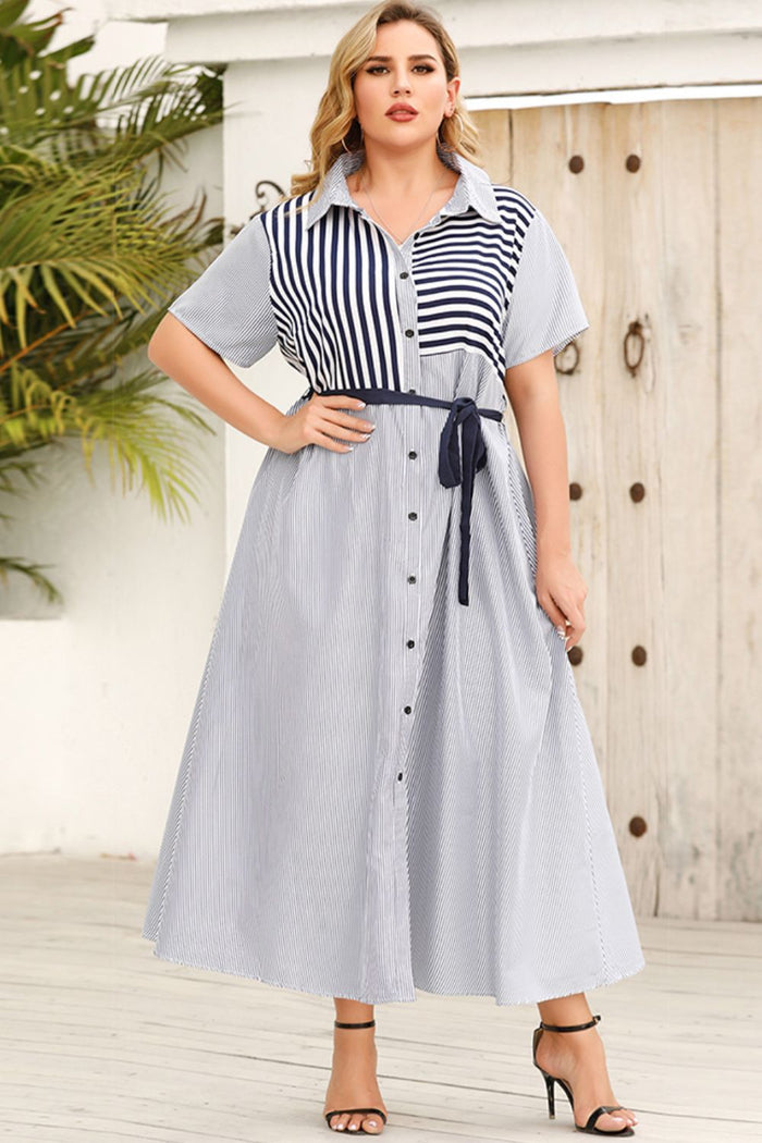 Plus Size Striped Belted Button-Up Shirt Dress - Madikfashions.com