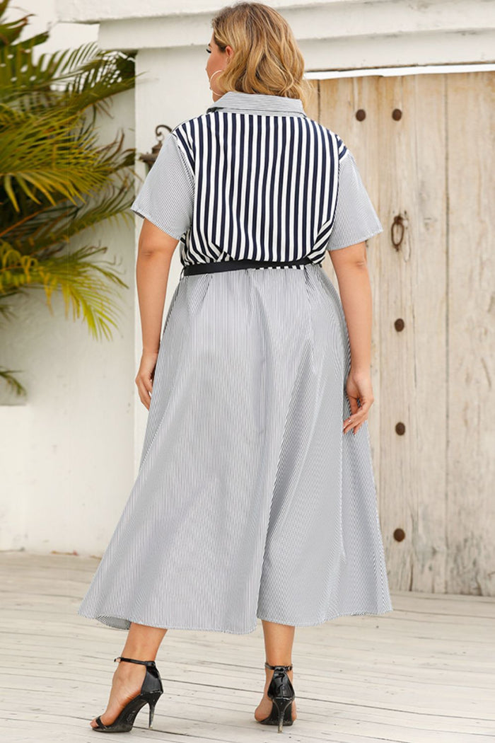 Plus Size Striped Belted Button-Up Shirt Dress - Madikfashions.com