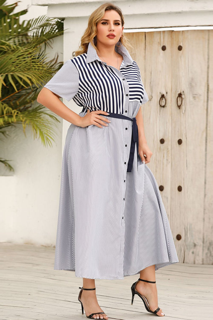 Plus Size Striped Belted Button-Up Shirt Dress - Madikfashions.com