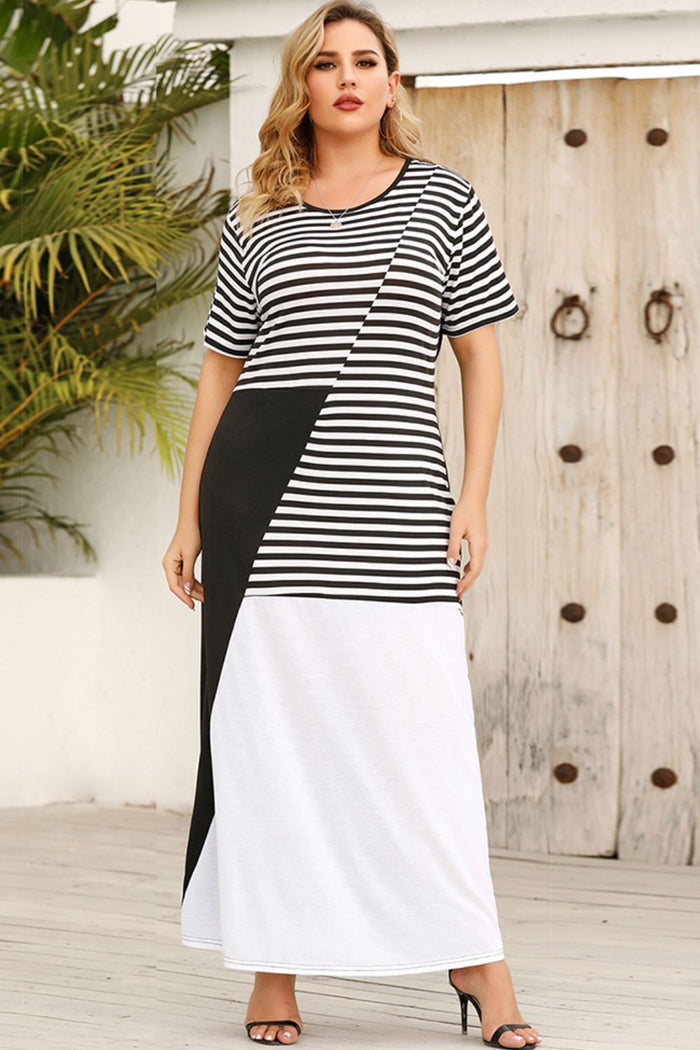 Plus Size Striped Color Block Round Neck Dress - Madikfashions.com