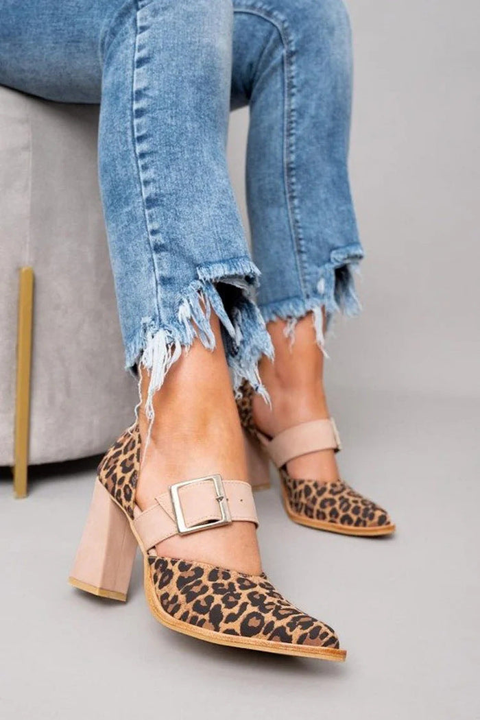 Pointed-Toe Leopard-Print Belt Buckle Sandals