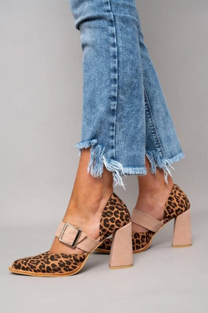 Pointed-Toe Leopard-Print Belt Buckle Sandals