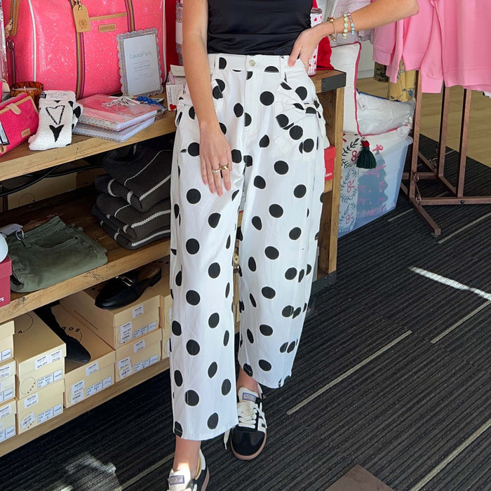 Polka Dot Printed Barrel Denim Pants - White