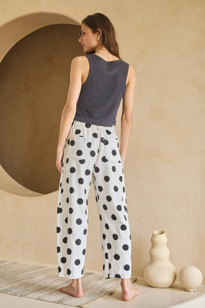 Polka Dot Printed Barrel Denim Pants - White