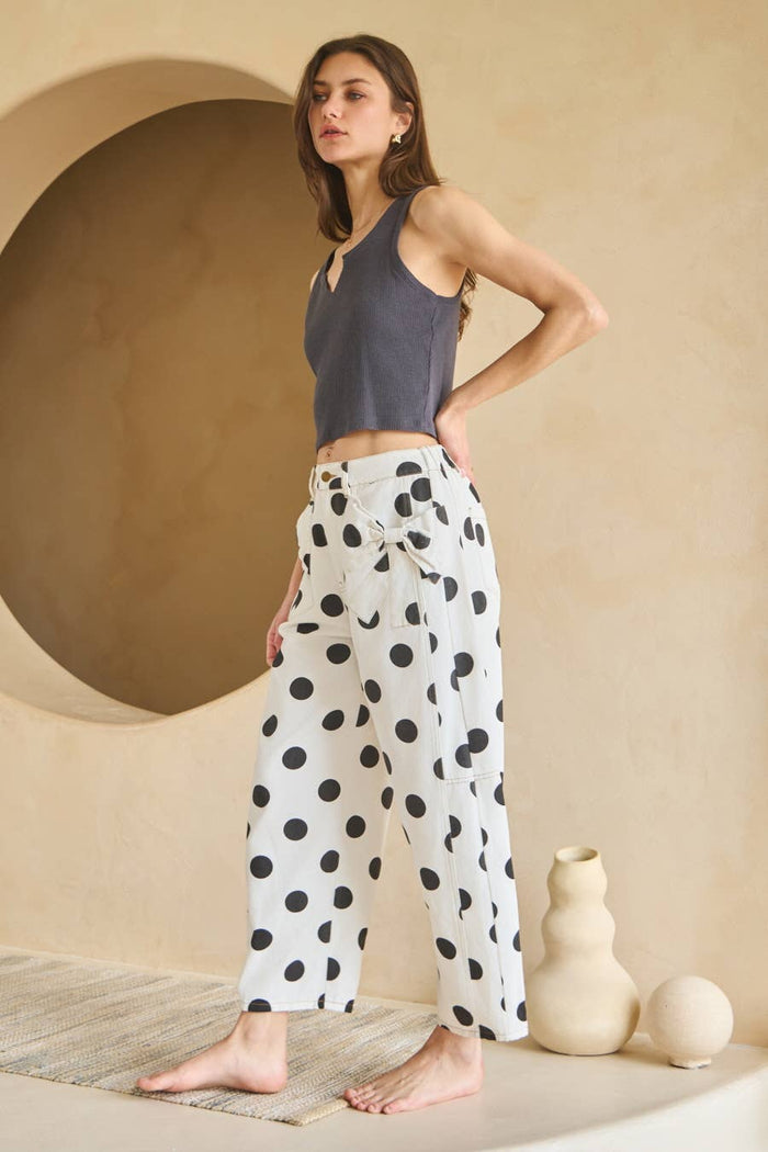 Polka Dot Printed Barrel Denim Pants - White