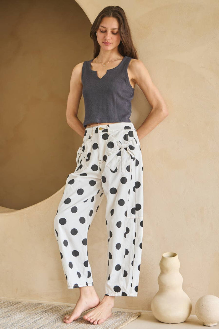 Polka Dot Printed Barrel Denim Pants - White