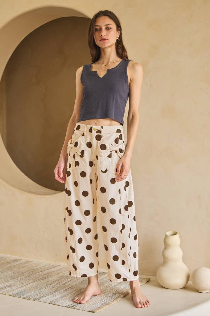 Polka Dot Printed Barrel Denim Pants - White
