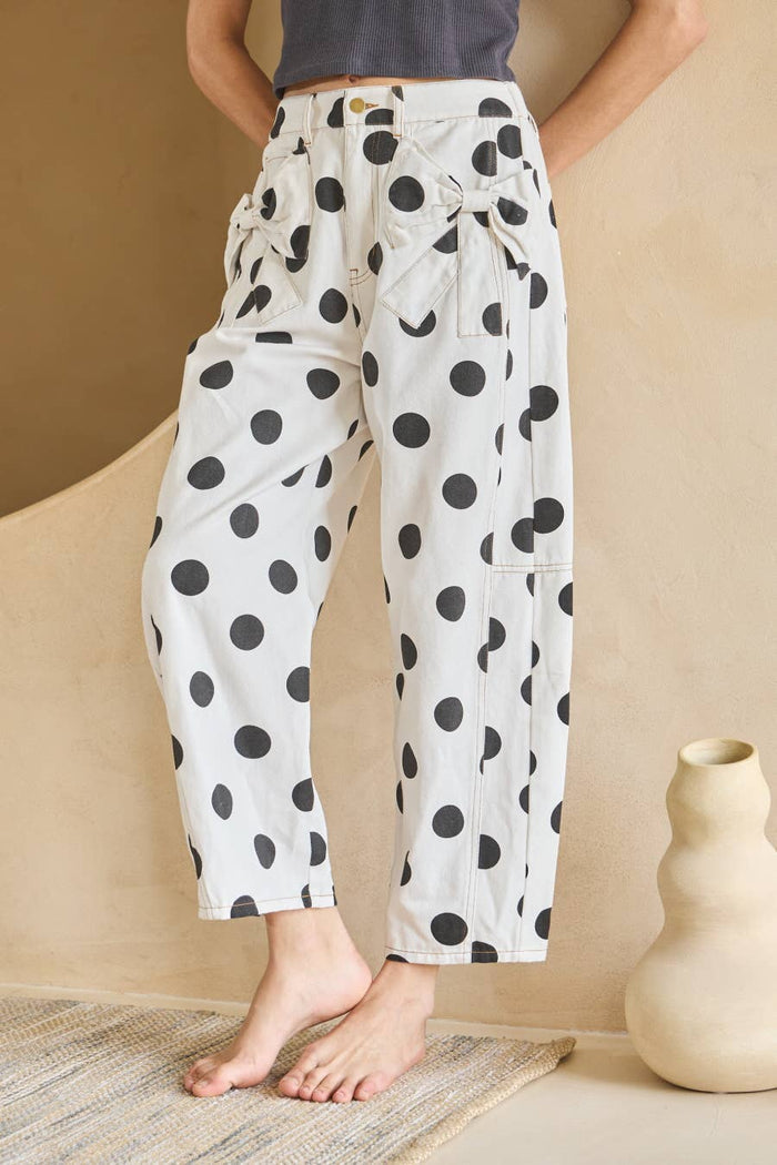 Polka Dot Printed Barrel Denim Pants - White