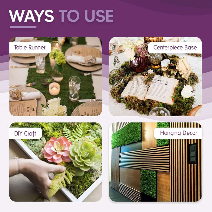 Creative uses for decorative moss: table runner, centerpiece, DIY craft, hanging decor.