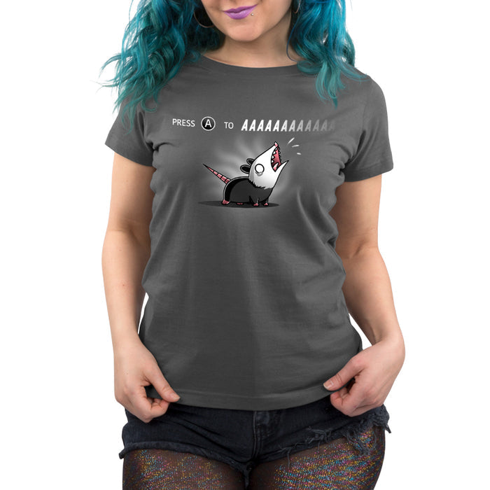 Premium Cotton T-shirt_TeeTurtle Press A to AAAAAAAA charcoal gray t-shirt featuring a cartoon opossum with the words "press to Press A to AAAAAAA" written above the opossum.