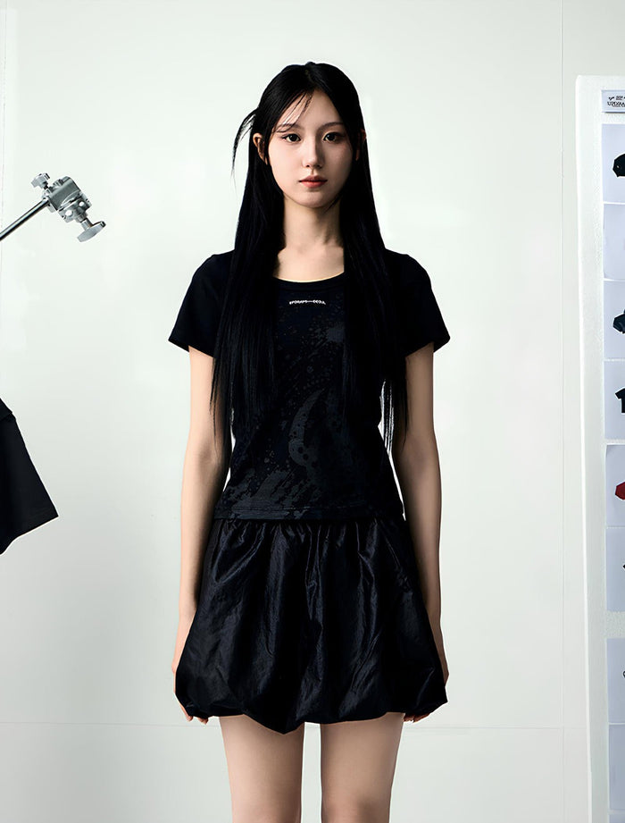 PRINT COTTON CROP T-SHIRT -BLACK