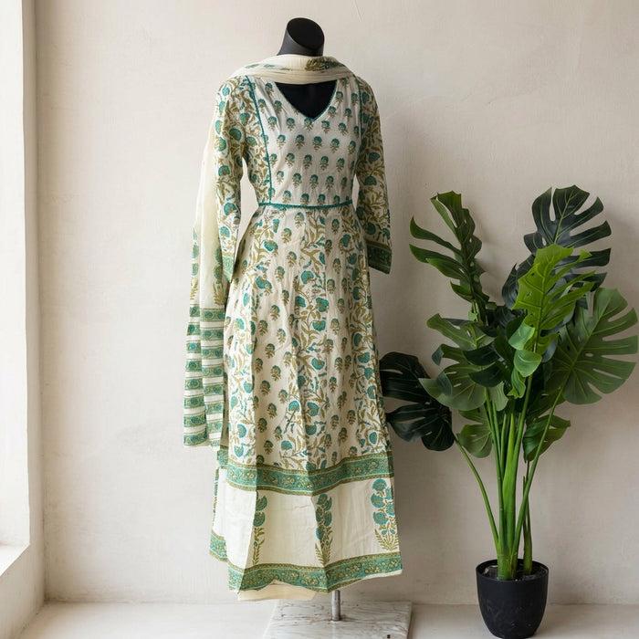 Printed cotton anarkali kurti pant set