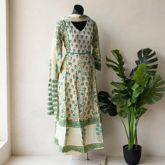 Printed cotton anarkali kurti pant set
