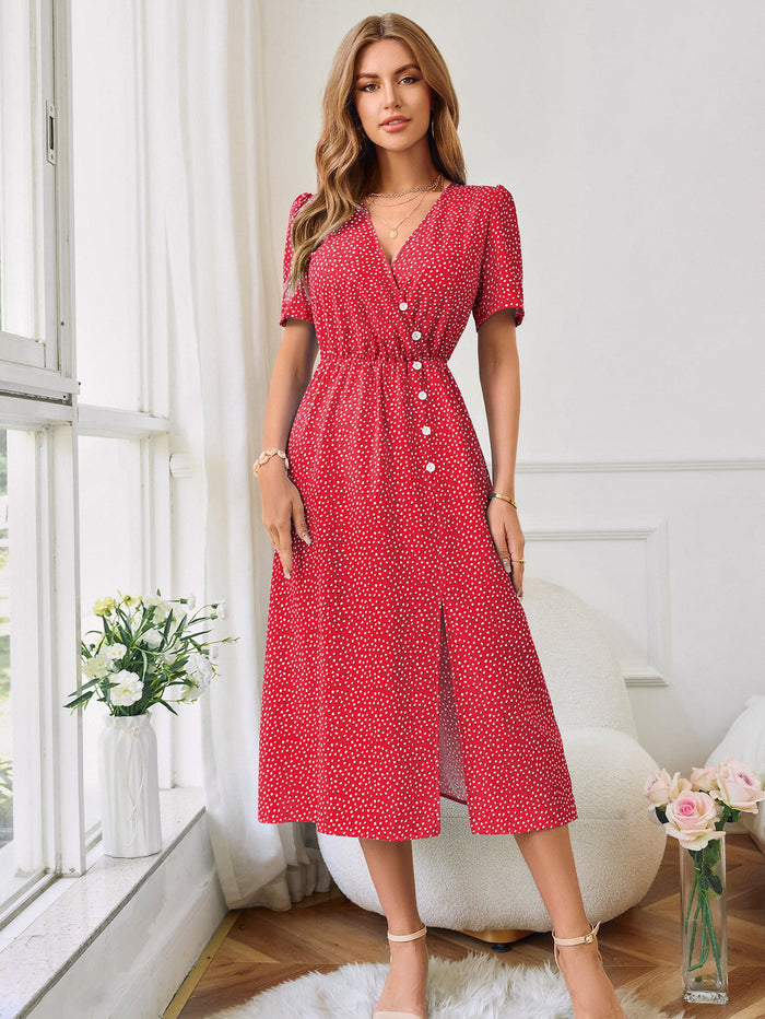 Printed Decorative Button Slit Dress - Madikfashions.com