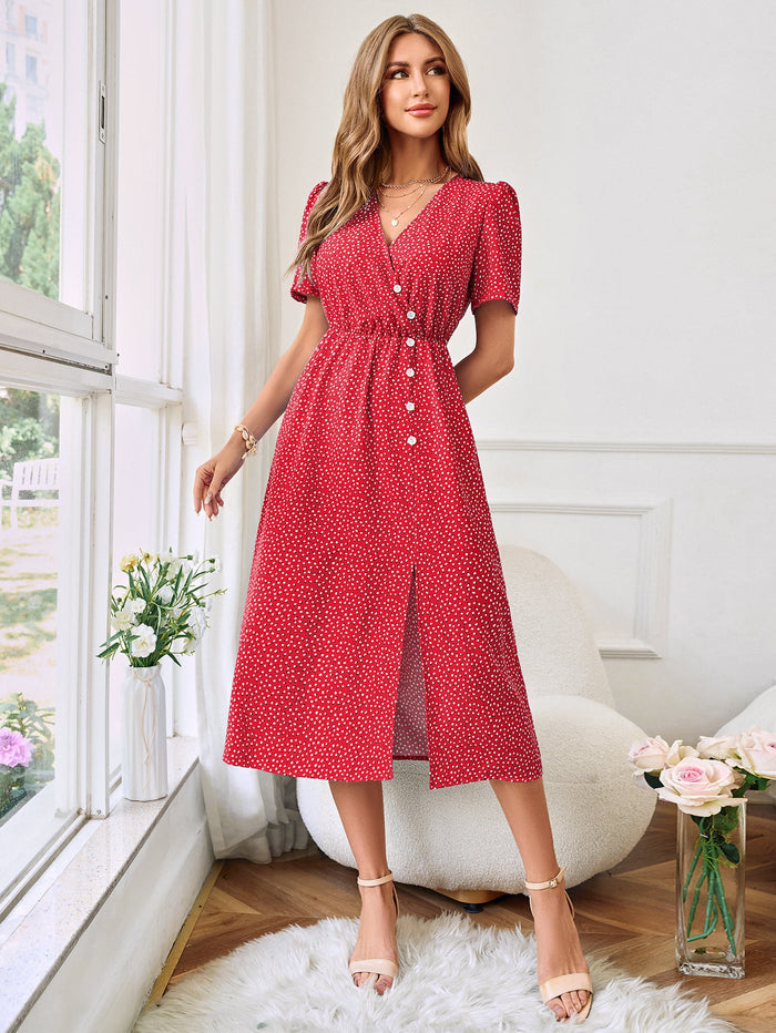 Printed Decorative Button Slit Dress - Madikfashions.com