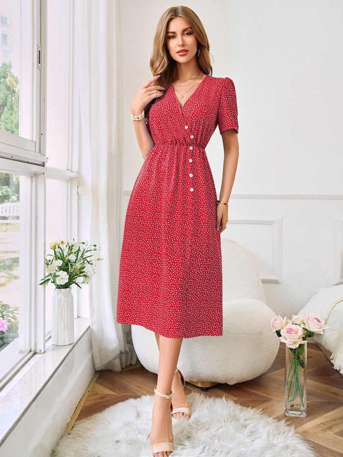 Printed Decorative Button Slit Dress - Madikfashions.com