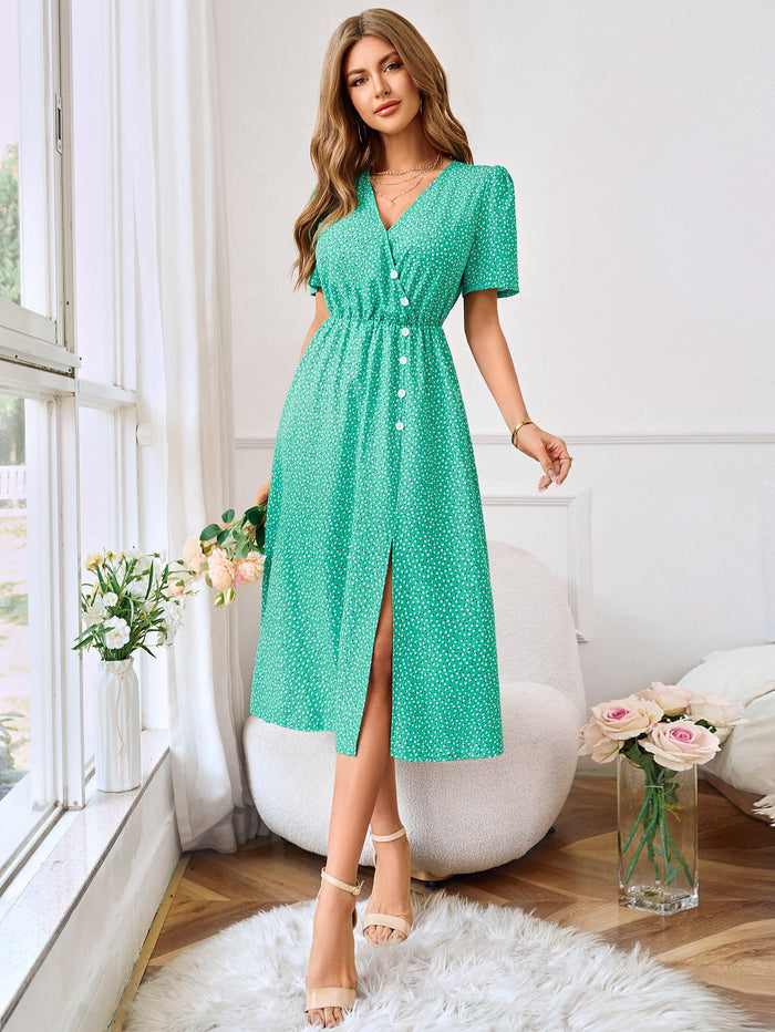Printed Decorative Button Slit Dress - Madikfashions.com