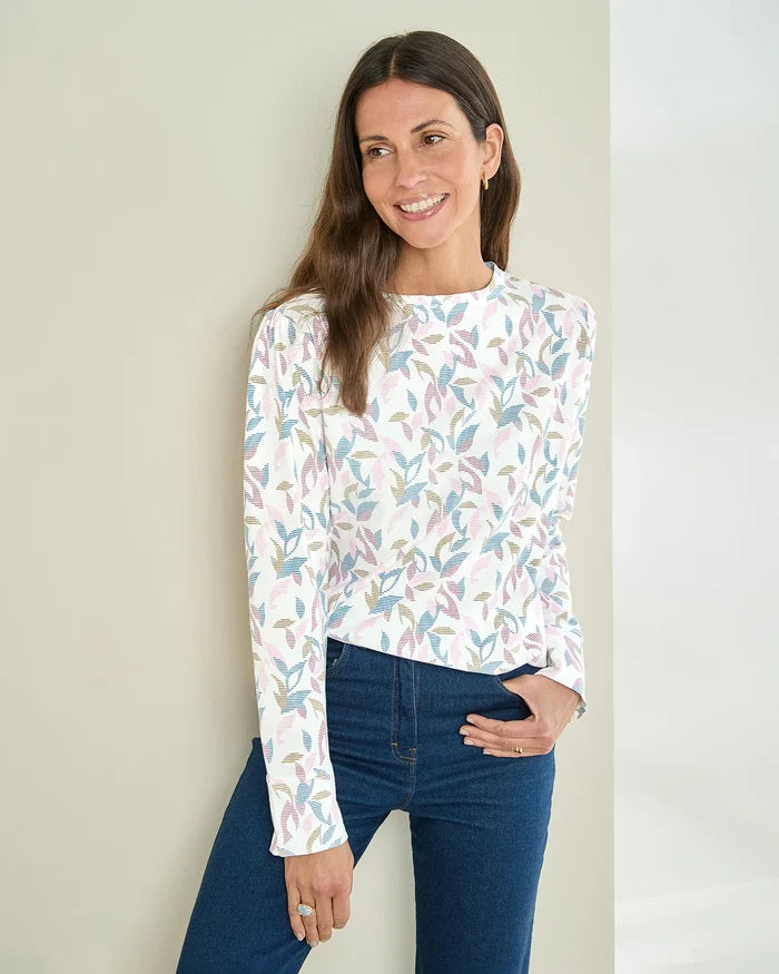 Printed Pleat Shoulder Crew Neck Top - Daisy
