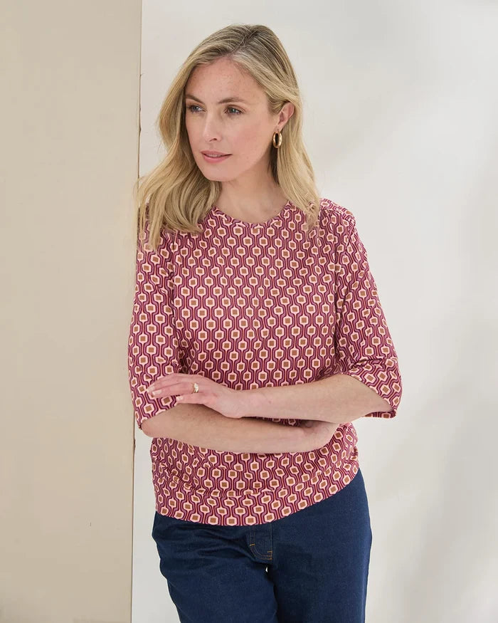 Printed Pure Cotton 3/4 Sleeve Blouson Top - Anya
