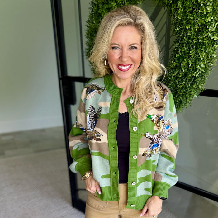 Queen of Sparkles - Camo Flying Ducks Button-Up Cardigan - Green