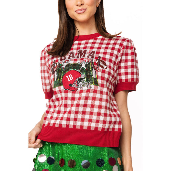 Queen of Sparkles - Licensed Alabama Gingham Football Sweater - Crimson