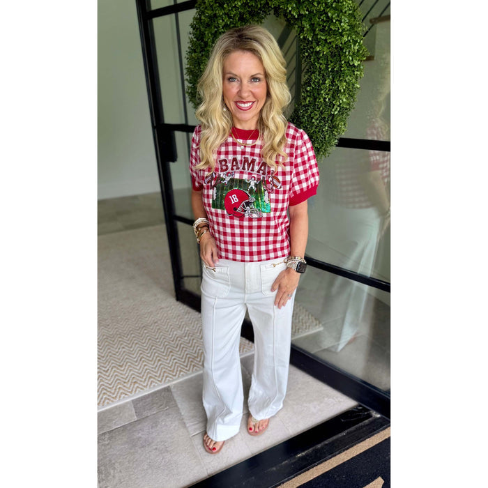 Queen of Sparkles - Licensed Alabama Gingham Football Sweater - Crimson