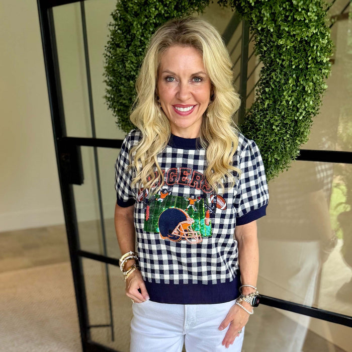 Queen of Sparkles - Licensed Auburn Tigers Gingham Football Sweater - Navy