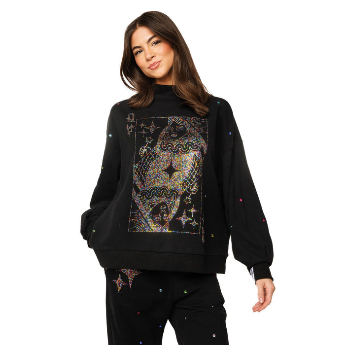 Queen of Sparkles - Rainbow Rhinestone QOS Card Logo Mock Neck Sweatshirt - Black