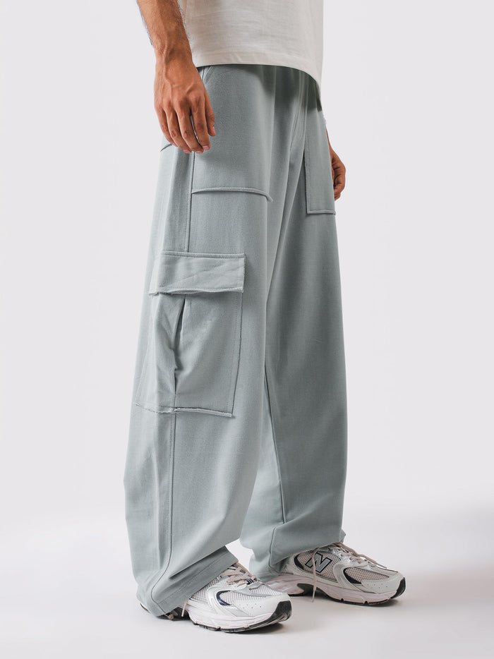 Sage grey terry cargo trousers front - R1 Cargo | GROOVY Pakistan