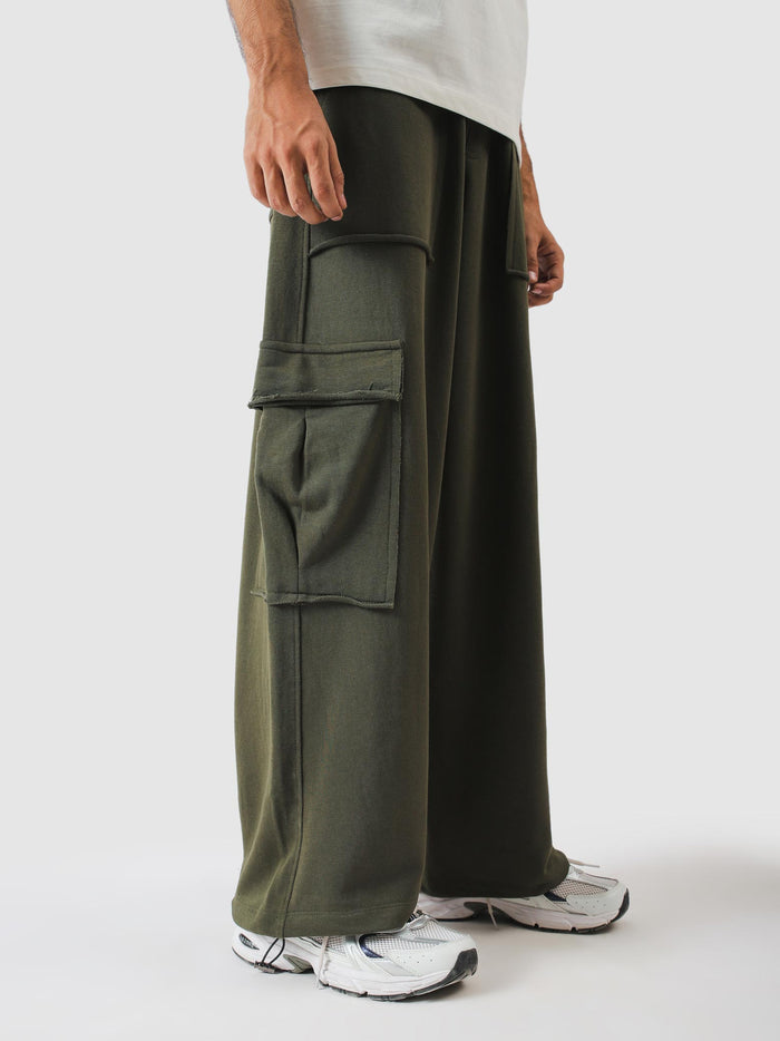 Military green terry cargo trousers front - R1 Cargo | GROOVY Pakistan
