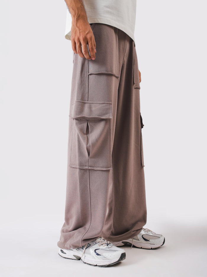 Stone mauve terry cargo trousers front - R1 Cargo | GROOVY Pakistan