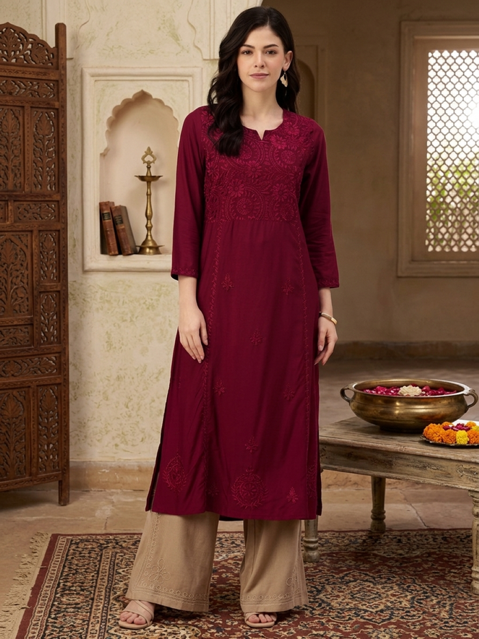 Red Floral Embroidered Kurta