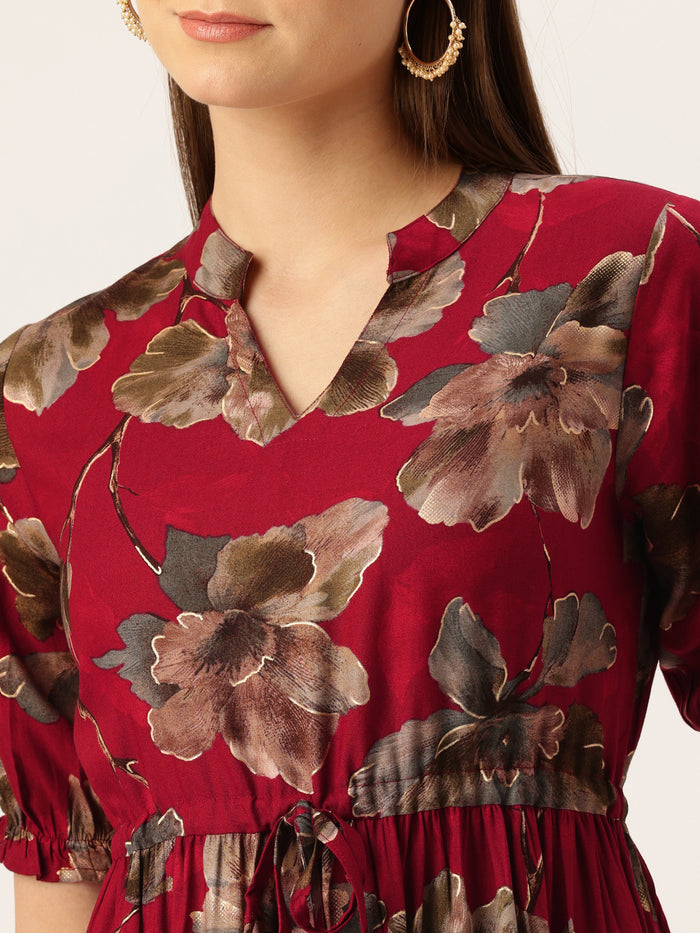 Red Floral Printed Fit & Flare Midi Tiered Ethnic Dress