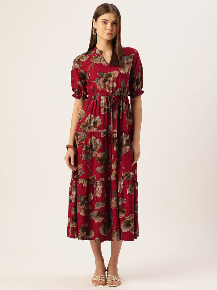 Red Floral Printed Fit & Flare Midi Tiered Ethnic Dress