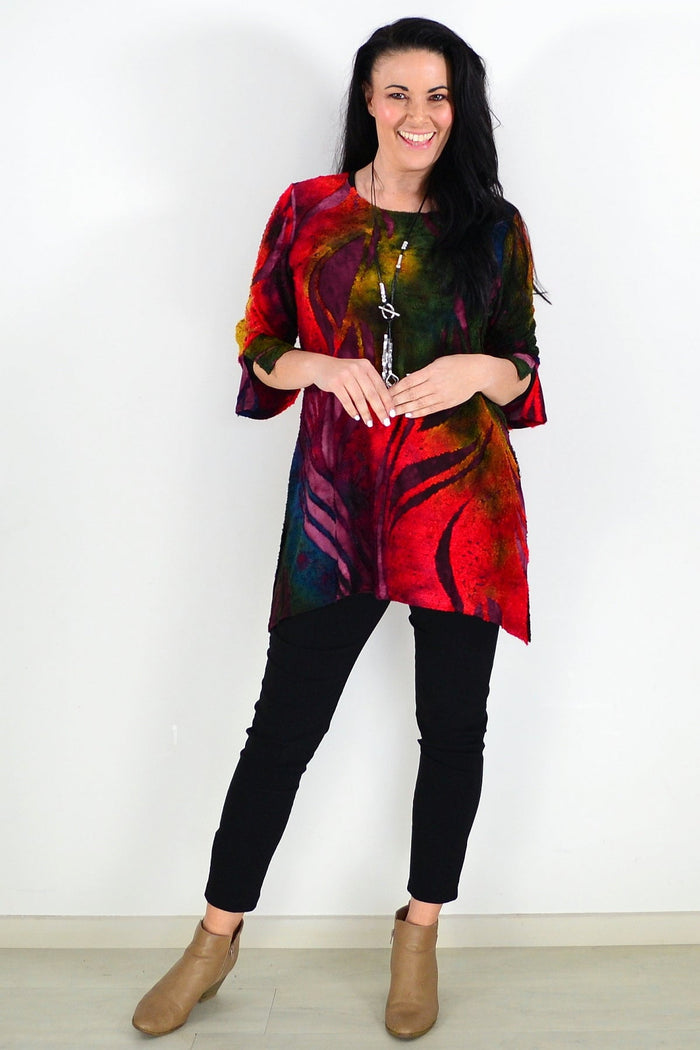 Colorful red forest patterned ladies tunic top by Whispers, featuring vibrant design and relaxed fit, perfect for casual wear.