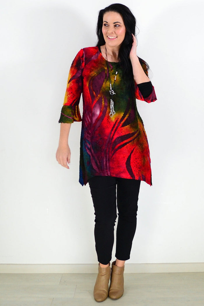 Colorful red forest print tunic top for women by Whispers, featuring a vibrant, comfortable design for casual wear.