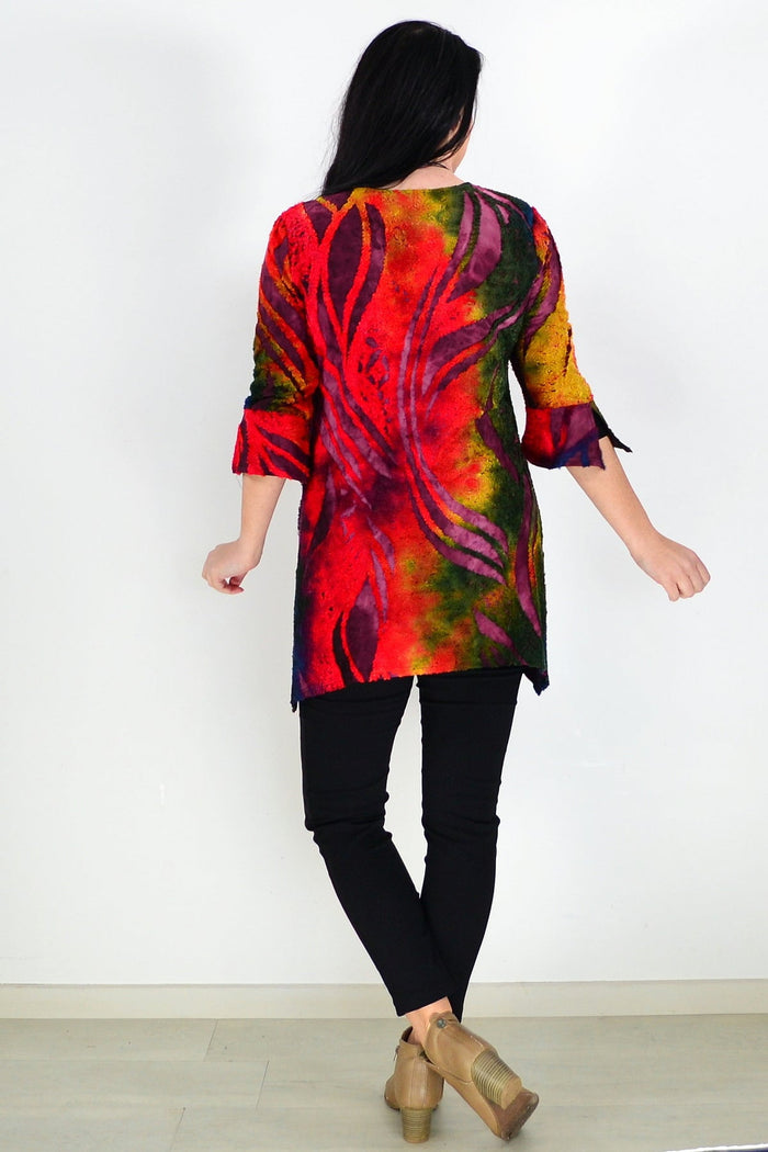 Colorful red forest patterned tunic top for ladies by Whispers, featuring a vibrant and stylish design.