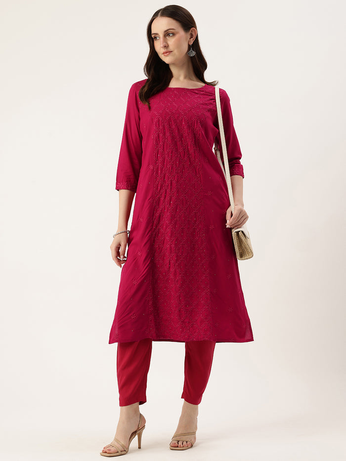 Red Round Neck Embroidery Kurta